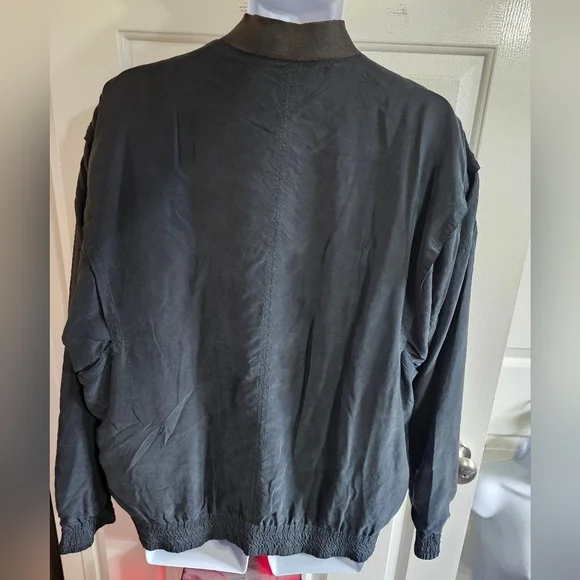 Genelli Mens L Bomber Jacket Black Silk White Stripe Zip Vintage 80s Minimalist - Picture 3 of 7